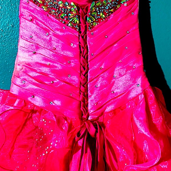 Strapless Pink PROM DRESS WITH IRIDESCENT EMBROIDERED bodice with ruffle bottom. - Picture 4 of 11